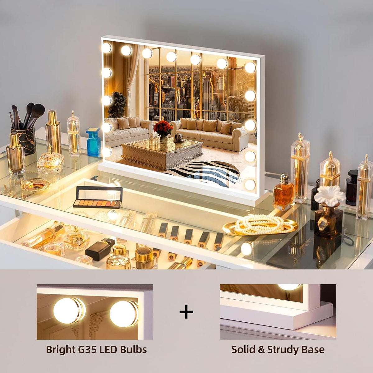 Makeup Mirror 58x46cm 15 LED Bulbs Bluetooth Hollywood Vanity FENCHILIN Lighted
