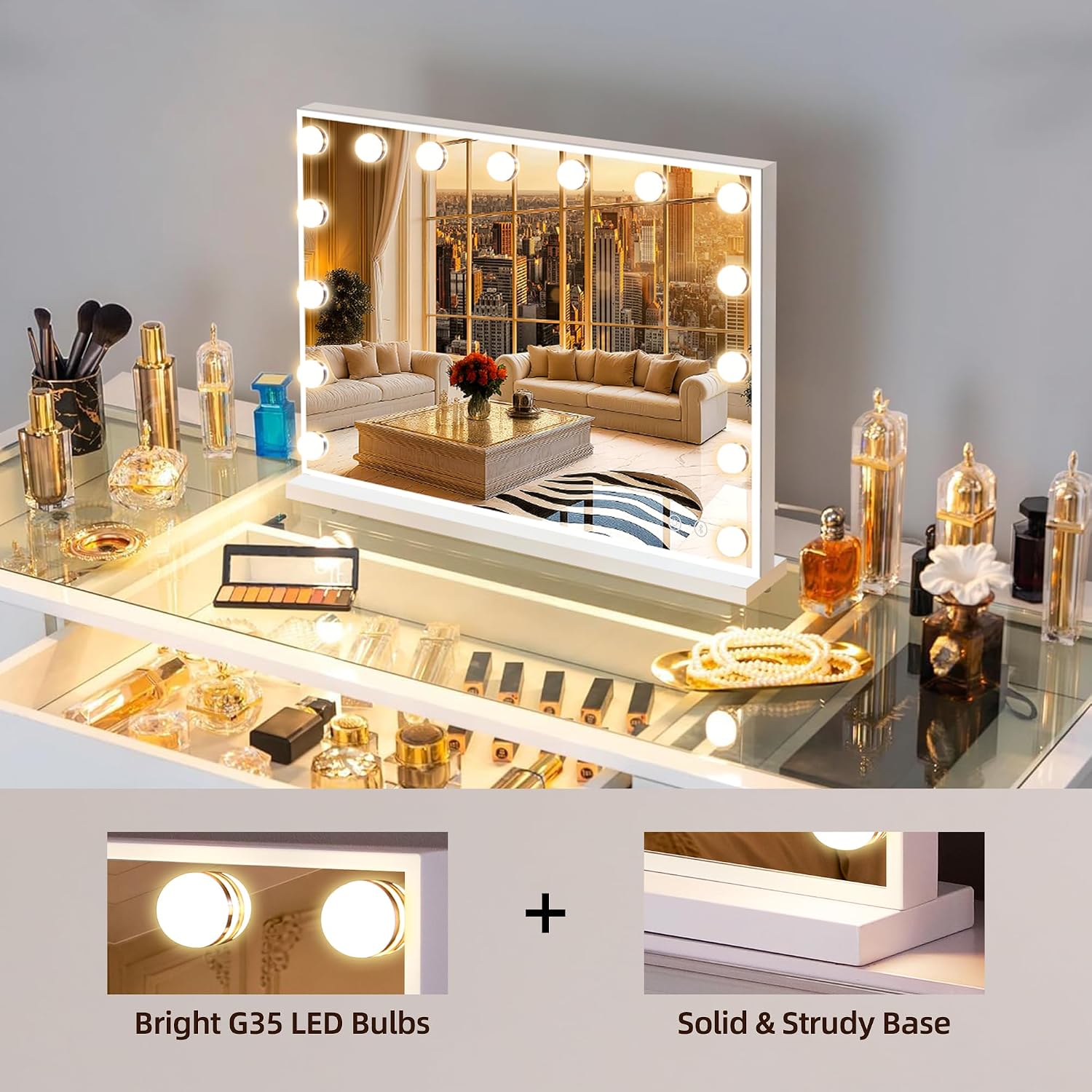 Makeup Mirror 58x46cm 15 LED Bulbs Bluetooth Hollywood Vanity FENCHILIN Lighted