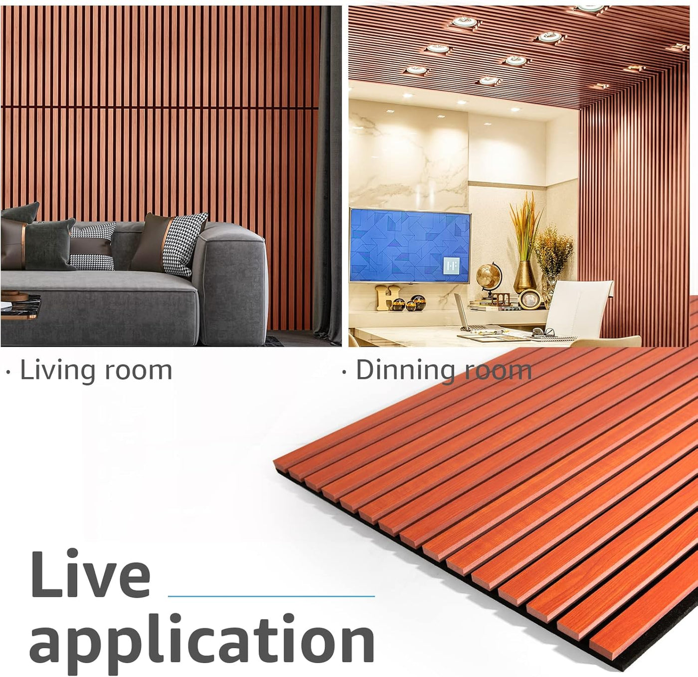Wooden paneling application in living room, dining room, and close-up of panel.