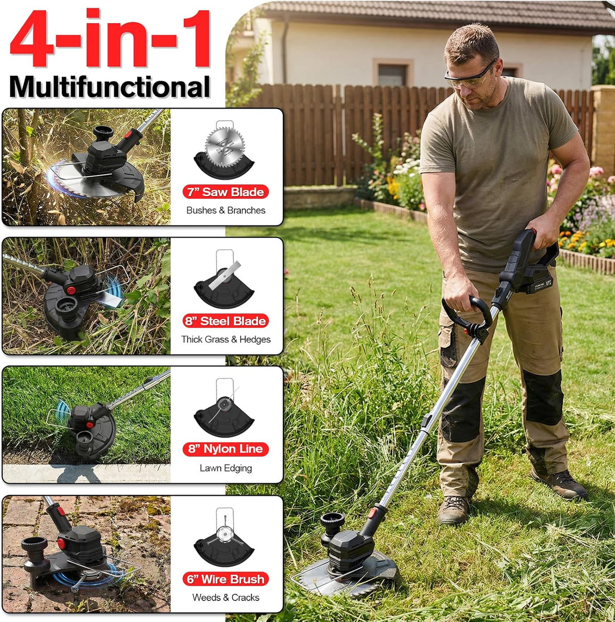 Cordless Strimmer 750W 24000RPM 2x2Ah Batteries Wheels Metal Blades LCD Display