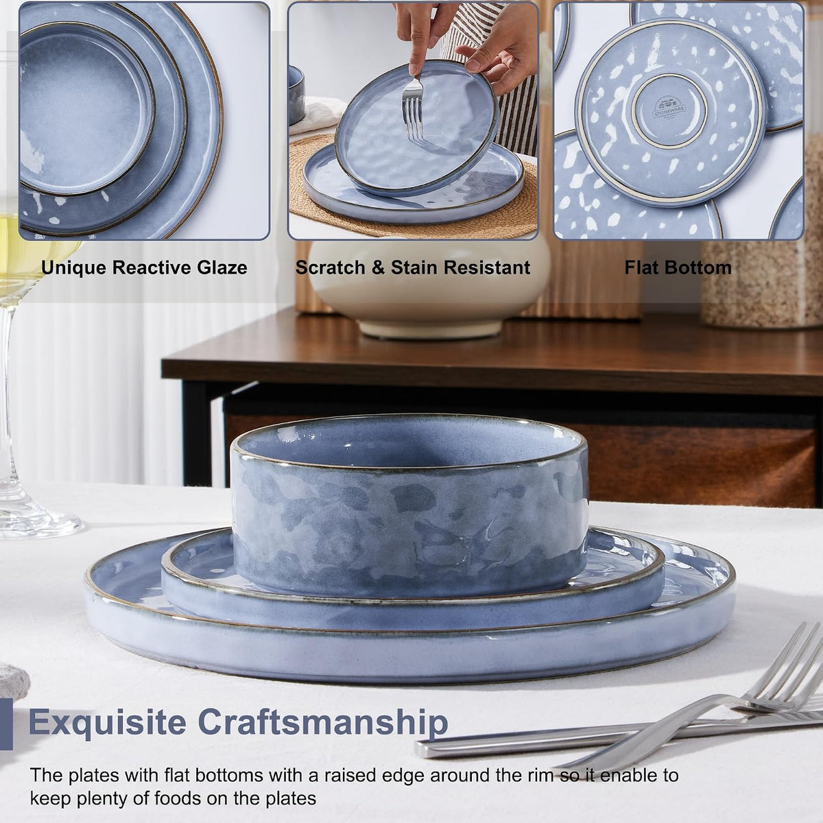Stoneware Dinner Set 18 Piece Dinnerware Plates Bowls for 6 Gray Blue Herogo
