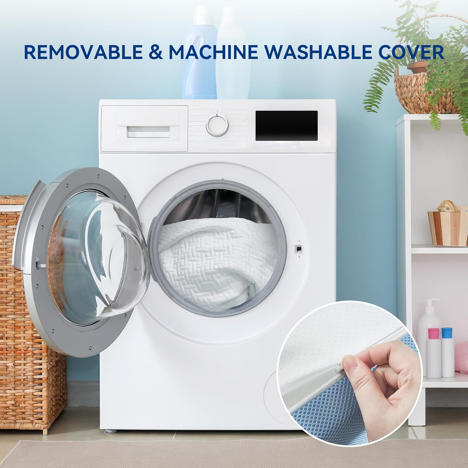 White washing machine with a removable cover displayed, with text 'Removable & Machine Washable Cover' above.