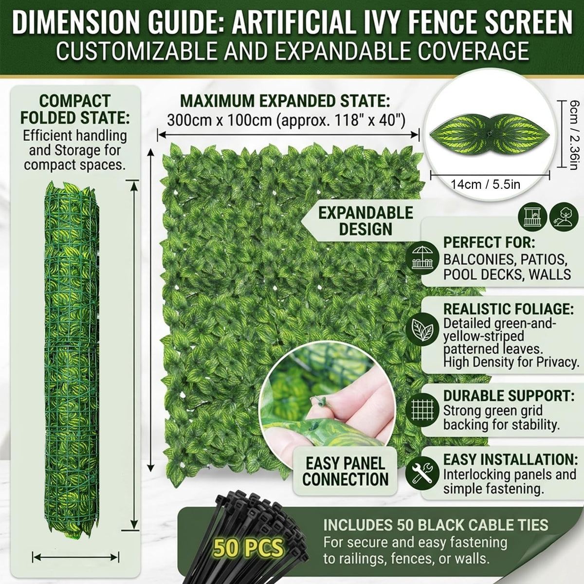 Artificial Ivy Hedge Panel 1x3m Privacy Fence Screen Green Leaf Garden Balcony
