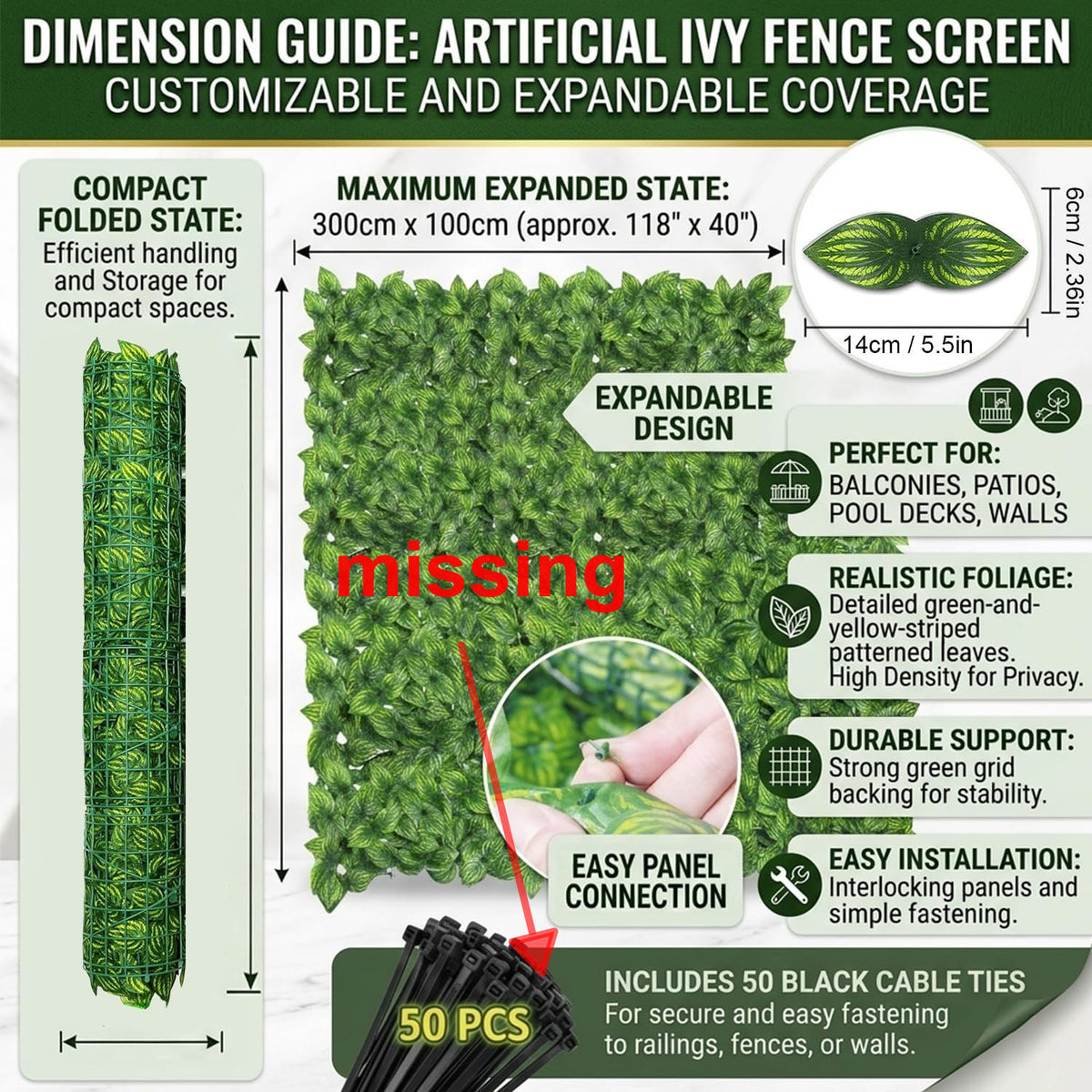 Artificial Ivy Hedge Panel 1x3m Privacy Fence Screen Green Leaf Garden Balcony