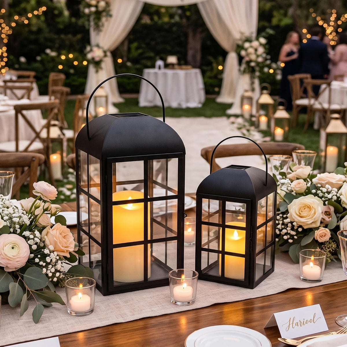 Candle Lanterns Set of 2 Black Vintage Metal Glass 35cm 27cm Outdoor TRIROCKS
