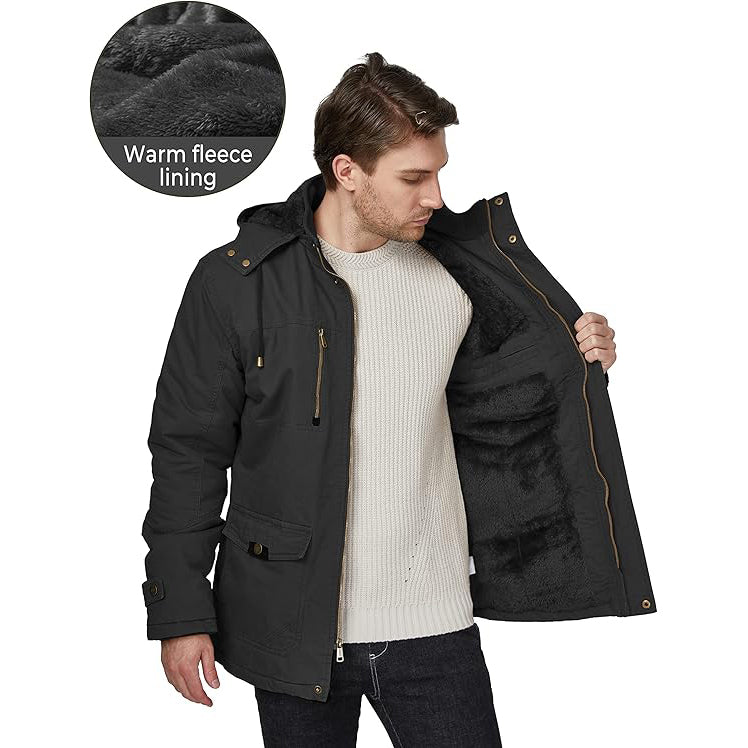 WenVen Men's Hooded Military Jacket Winter Fleece Parka Warm Coat, Black, UK M