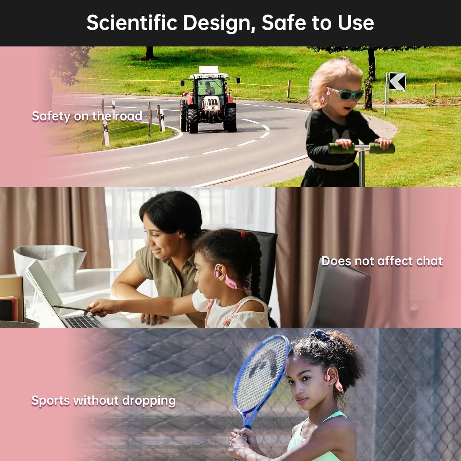 Collage of images showing safety on the road, use with a laptop, and sports activity.