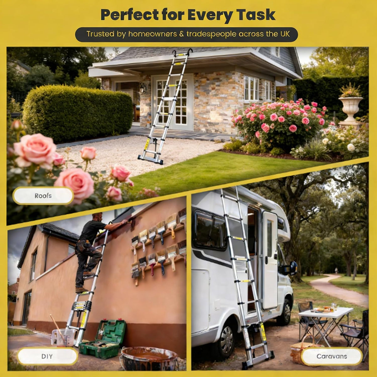 Telescopic Ladder 3.8m Aluminium Extension Stabiliser Bar Hooks EN131 Portable