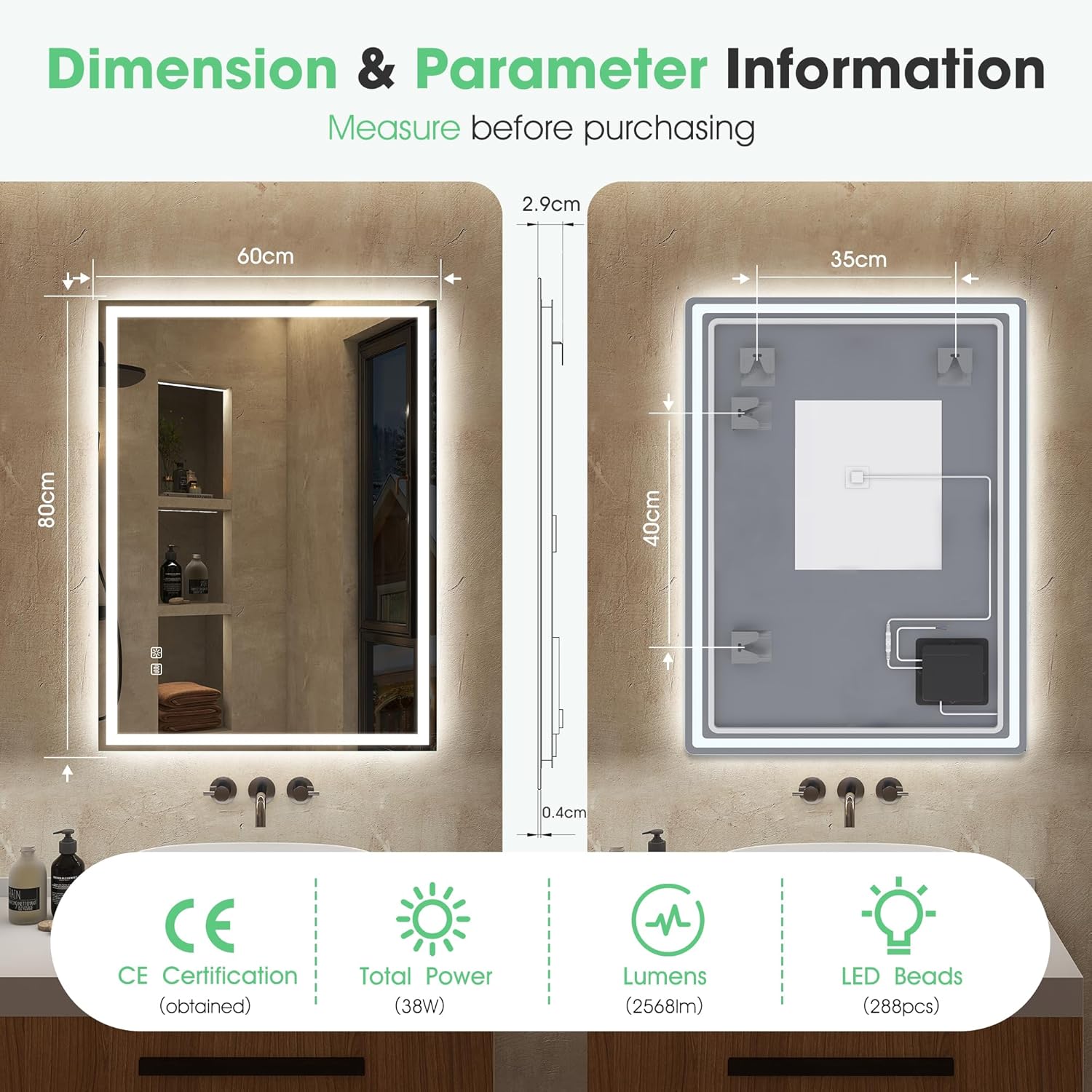 Bathroom mirror with dimensions and parameter information displayed.