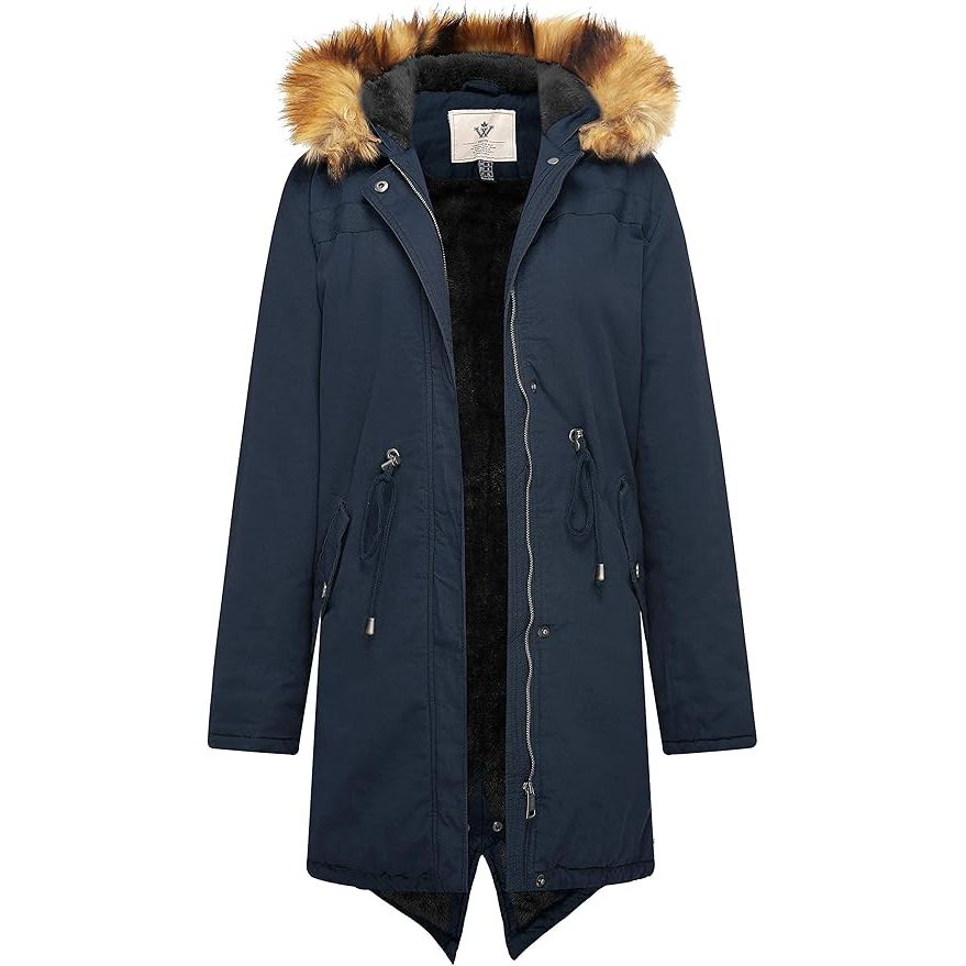 Navy parka coat with fur-lined hood on a white background