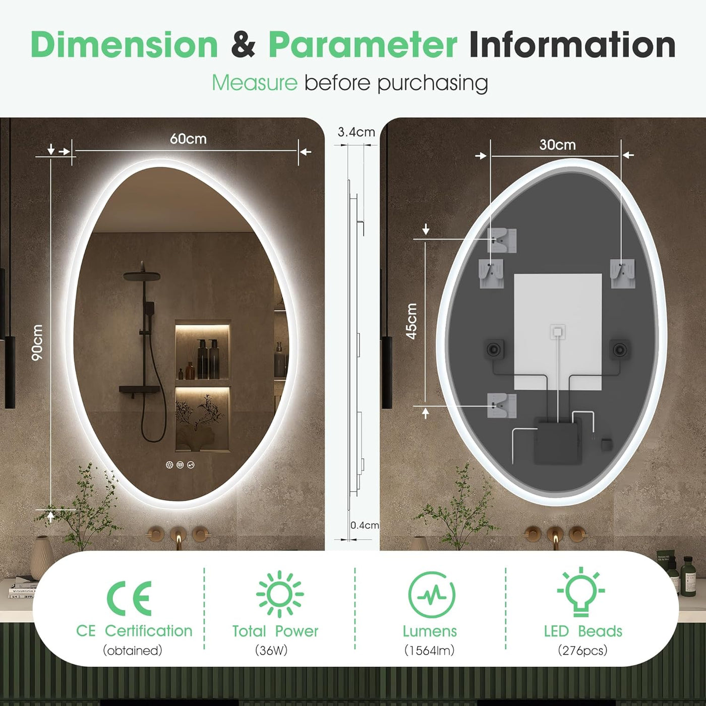 Dimensions and parameter information of an oval-shaped mirror with LED lighting.