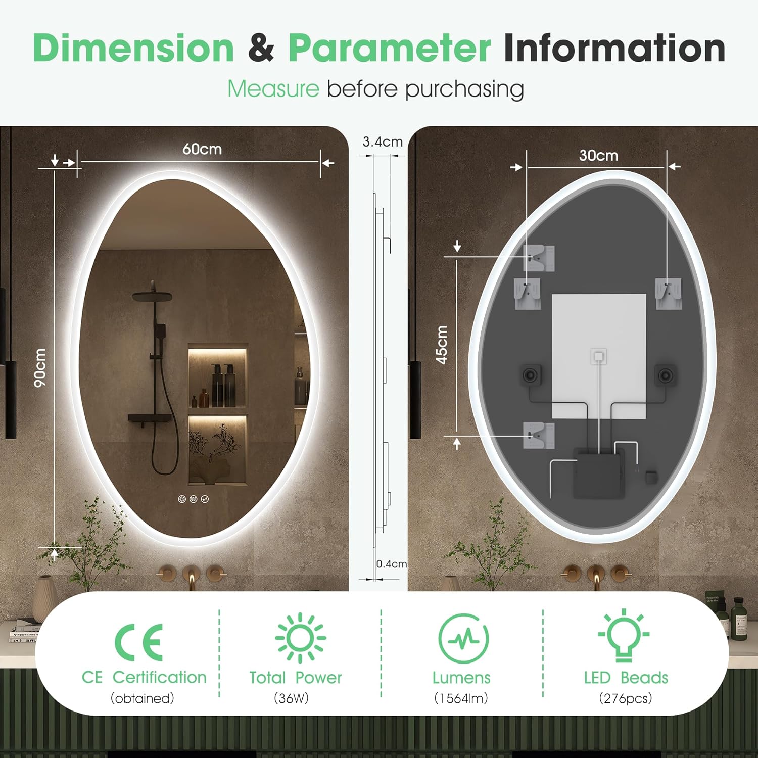 Dimensions and parameter information of an oval-shaped mirror with LED lighting.