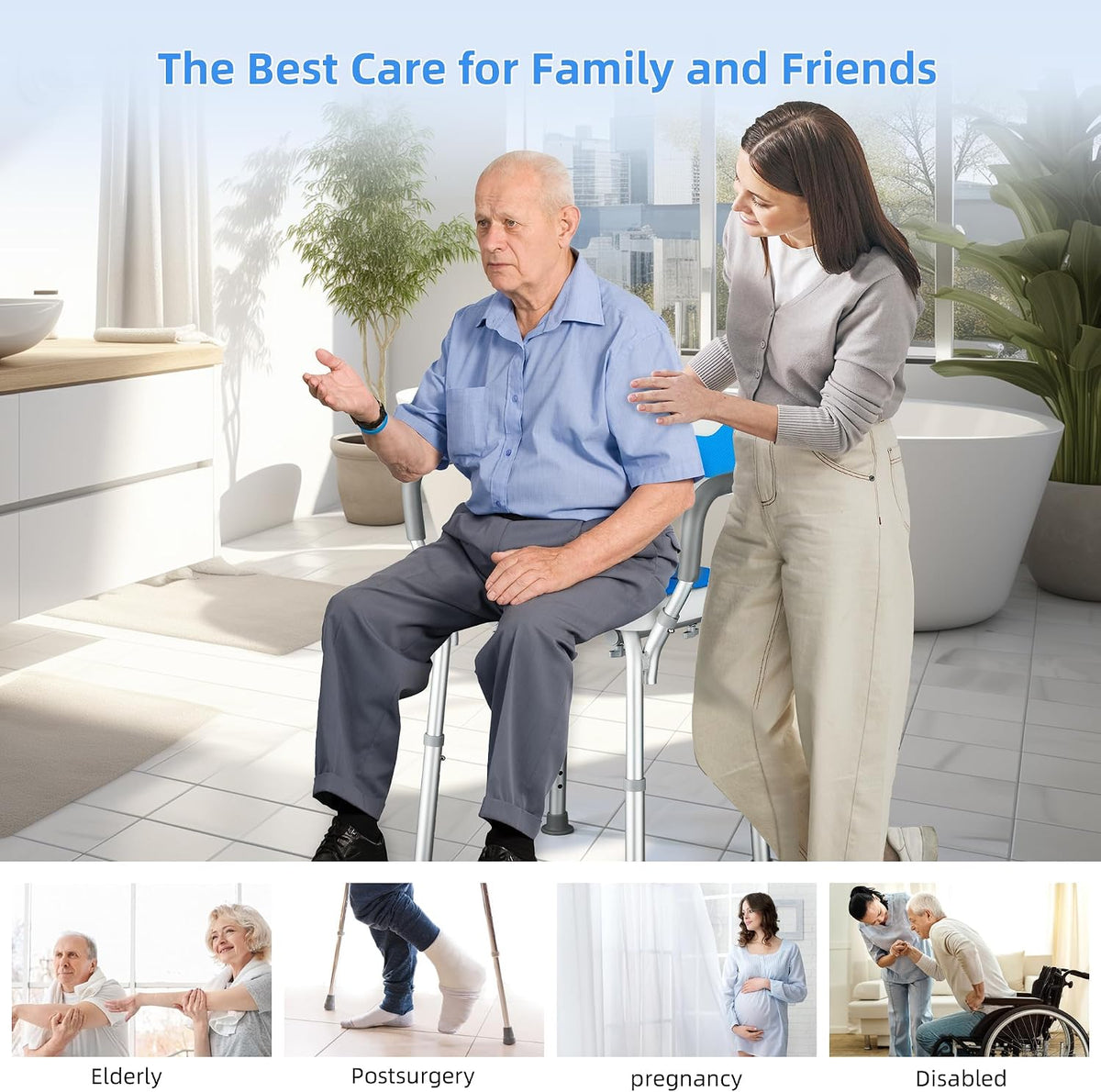 Shower Chair U Shaped Adjustable Height Back Arms Anti Slip Padded Bath Seat
