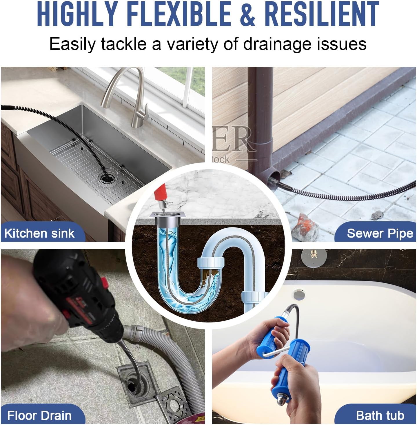 Pipe Cleaning Spiral 16.4ft 0.47in Drain Cleaner Cable 8 Cutter Heads 2 Sets Kit