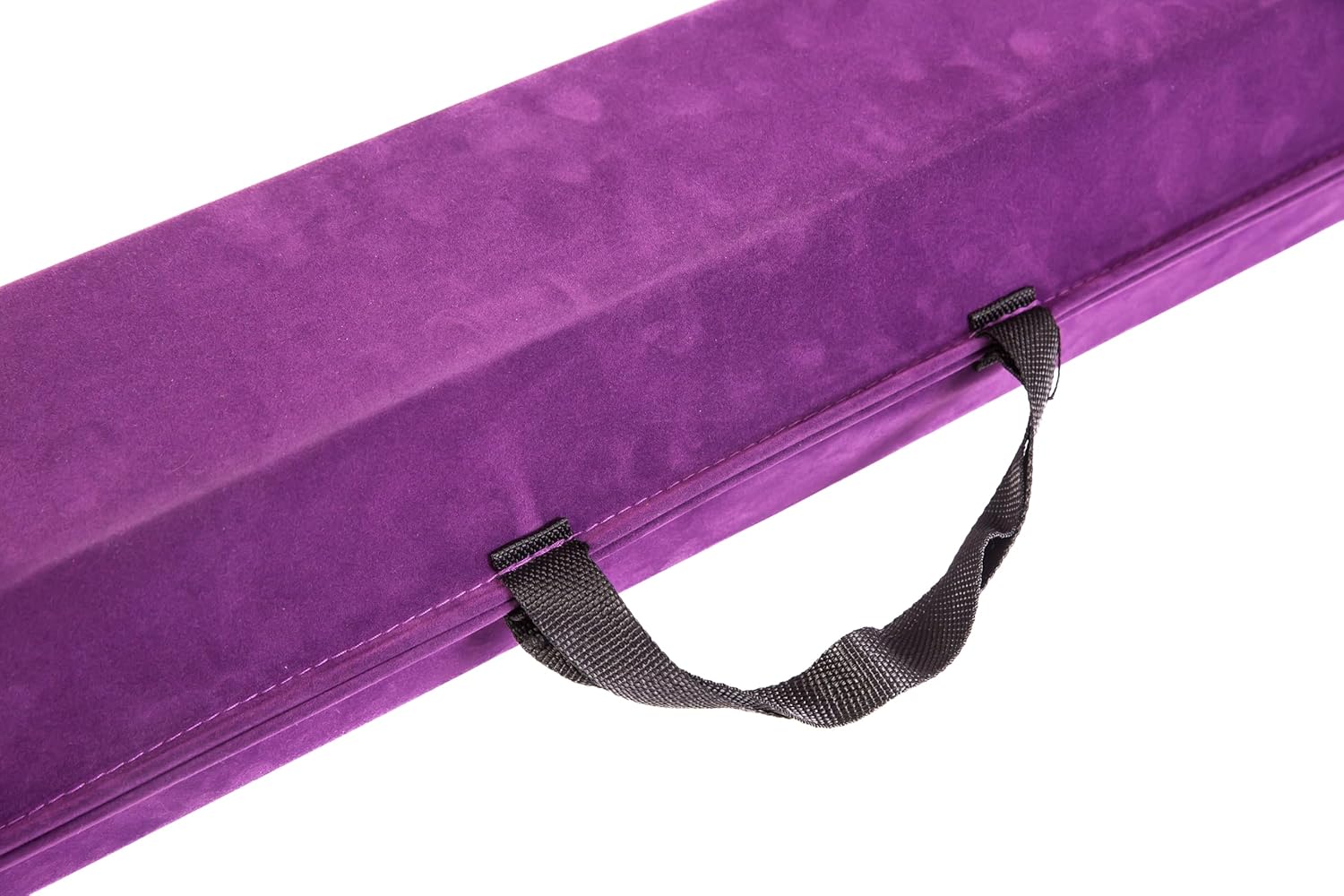 Purple foam roller with a black strap on a white background