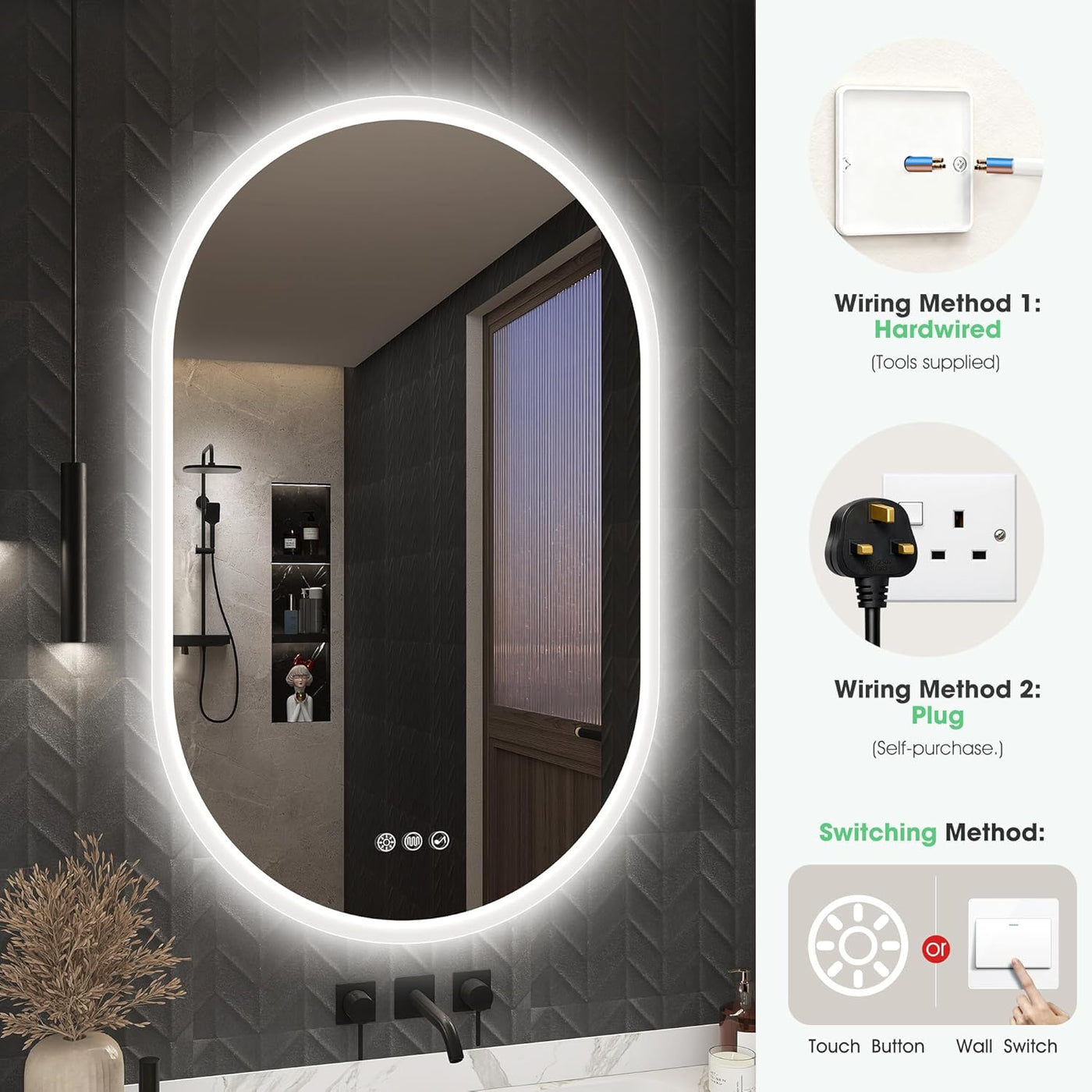 Oval LED Bathroom Mirror 500x800 Bluetooth Anti Fog Dimmable S'bagno