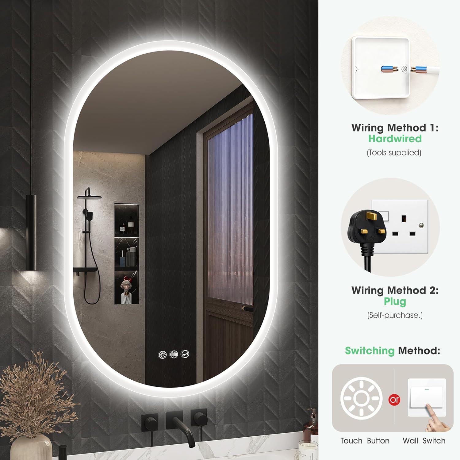 Oval LED Bathroom Mirror 500x800 Bluetooth Anti Fog Dimmable S'bagno