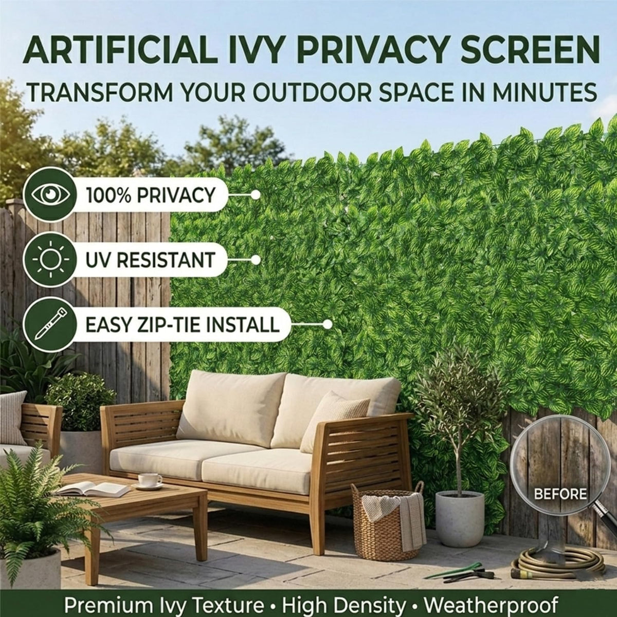 Artificial Ivy Hedge Panel 1x3m Privacy Fence Screen Green Leaf Garden Balcony