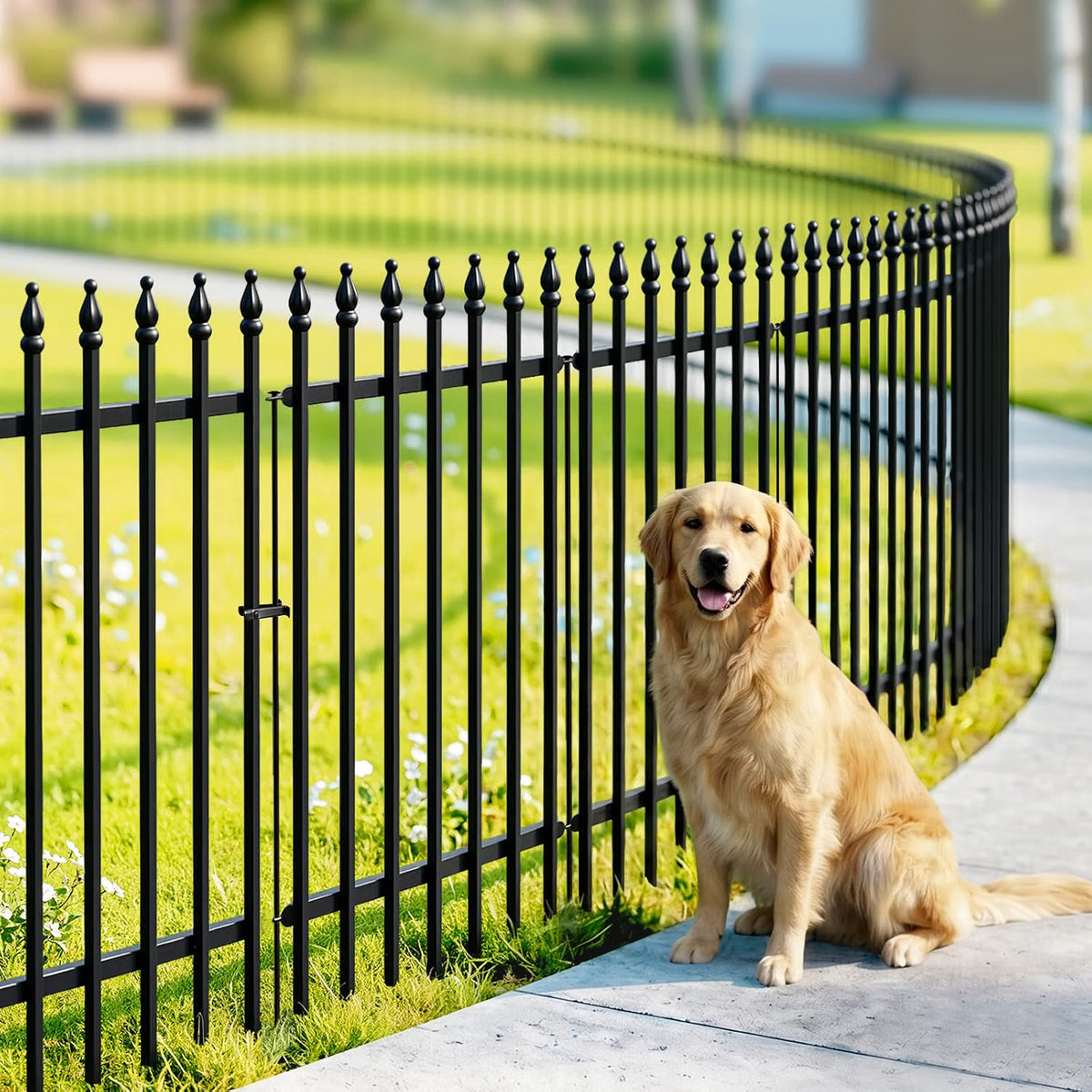 Metal Garden Fence 106cm Decorative 4 Panels 1 Gate Outdoor Animal Barrier Black