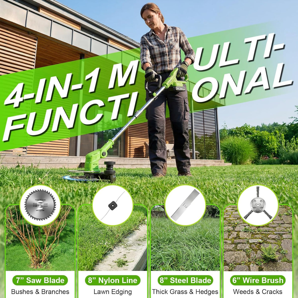 Cordless Brush Cutter Lawn Mower 2x2000mAh Batteries 6 Metal Blades VOERJIA Garden