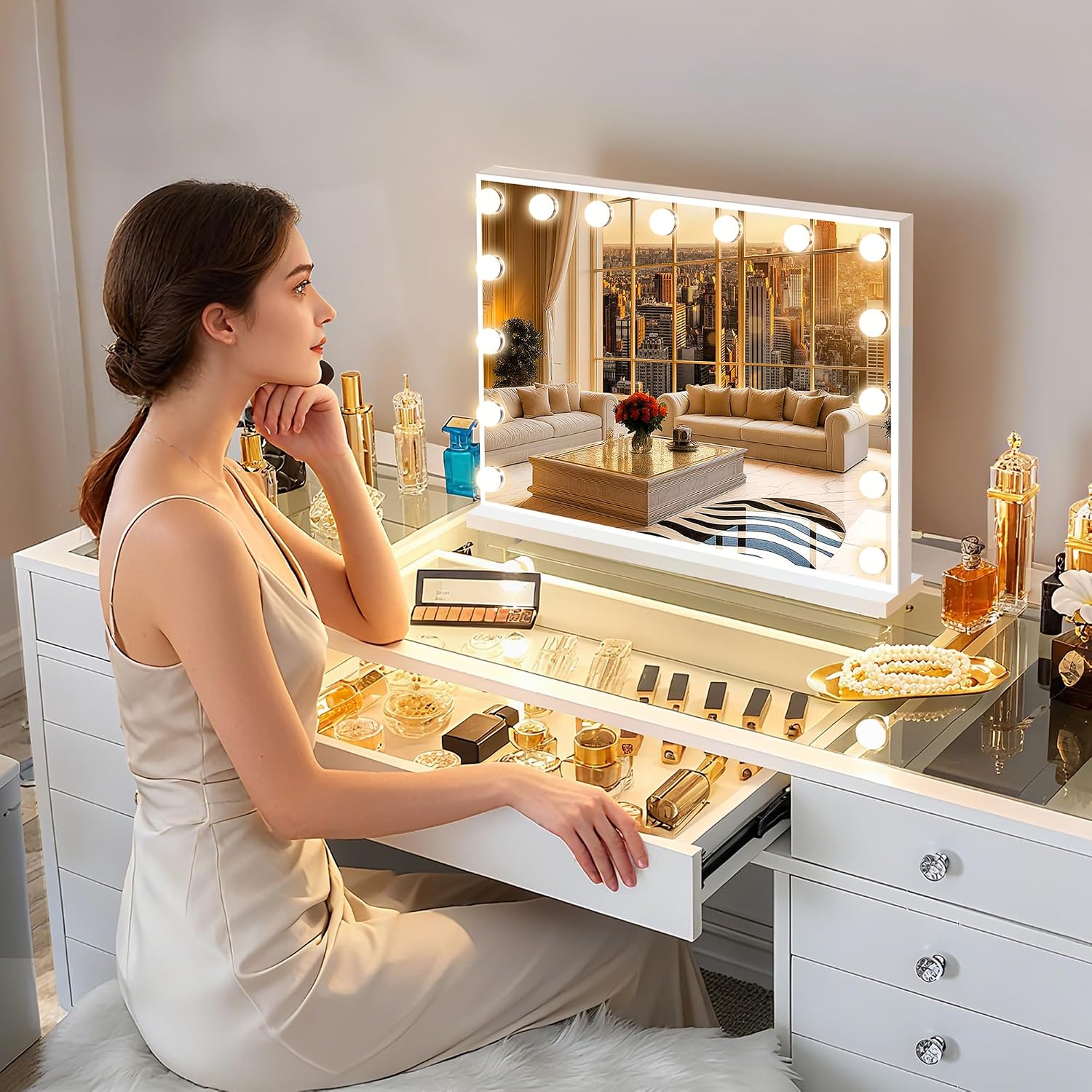 Makeup Mirror 58x46cm 15 LED Bulbs Bluetooth Hollywood Vanity FENCHILIN Lighted