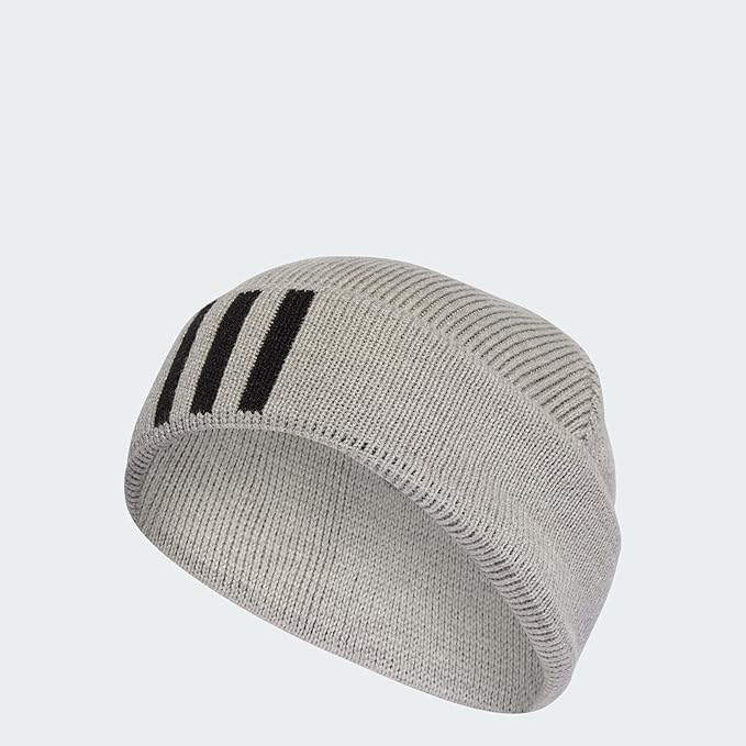 Gray knit beanie with black stripes on a light gray background