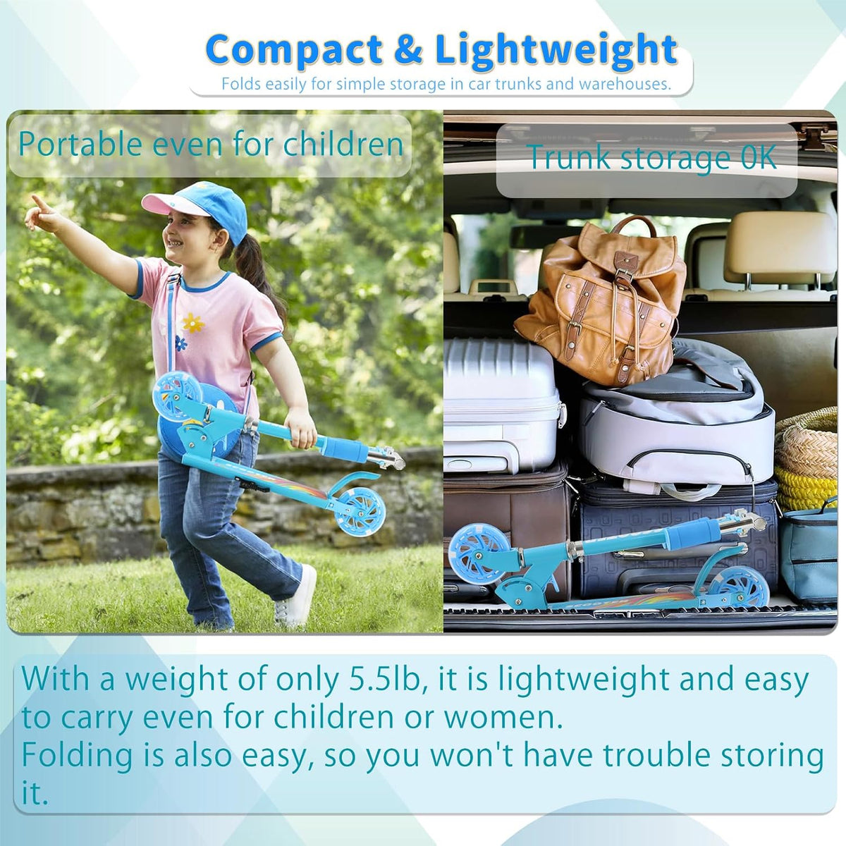Kids Scooter 2 Wheel Light Up Folding Adjustable Handlebar Rear Brake TENBOOM