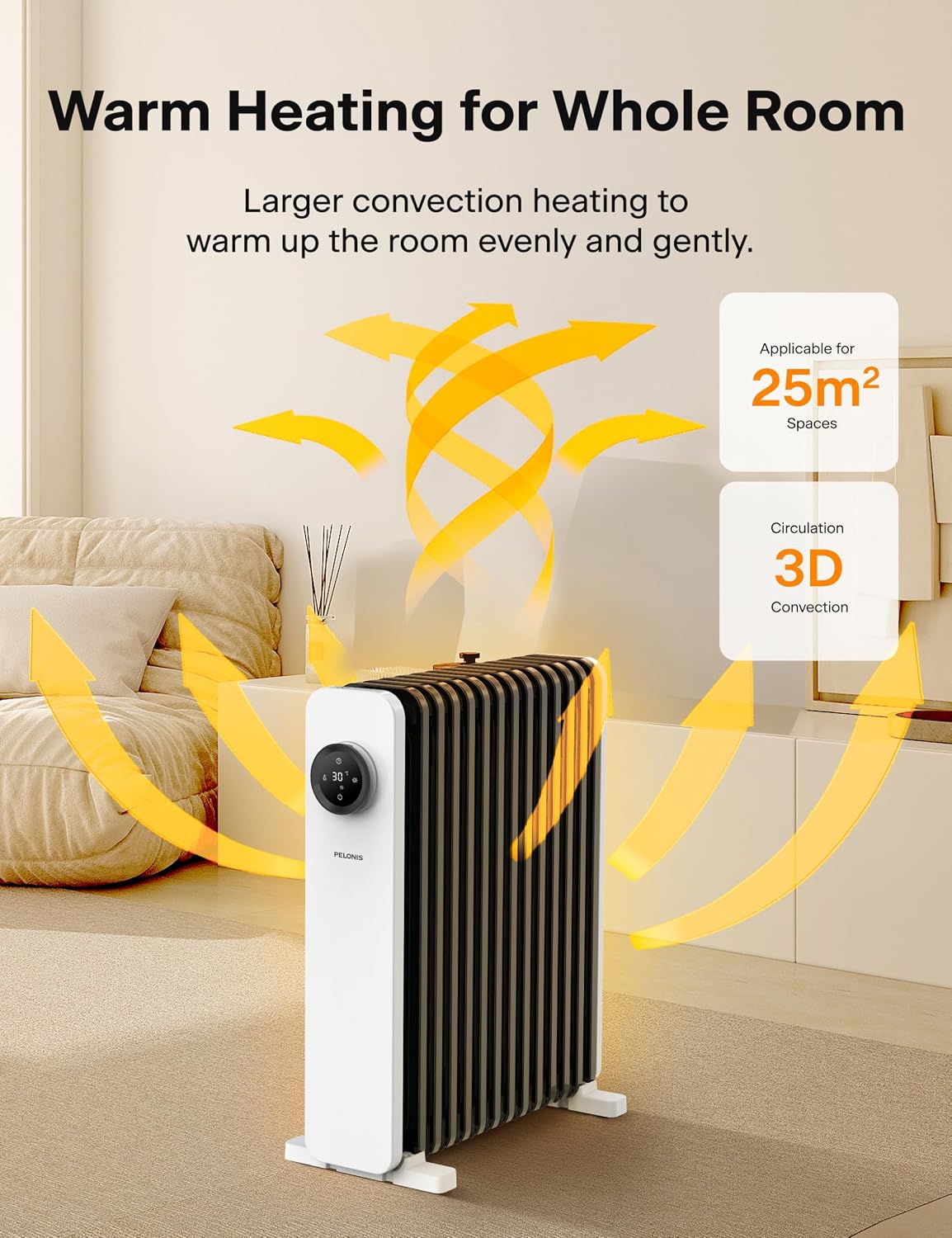 Oil Filled Radiator 2500W Electric Heater 3 Heat Settings Timer Touch PELONIS