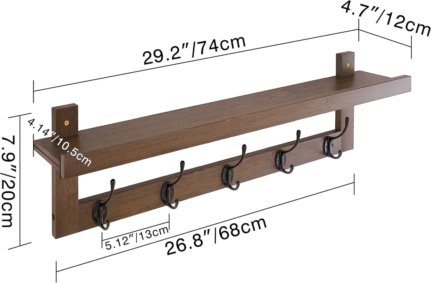 Coat Rack Wall Mounted Shelf 74cm Bamboo Hooks Storage Walnut SMIBUY