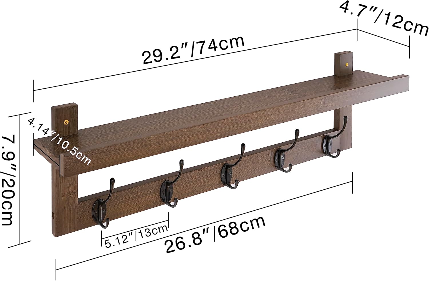 Coat Rack Wall Mounted Shelf 74cm Bamboo Hooks Storage Walnut SMIBUY