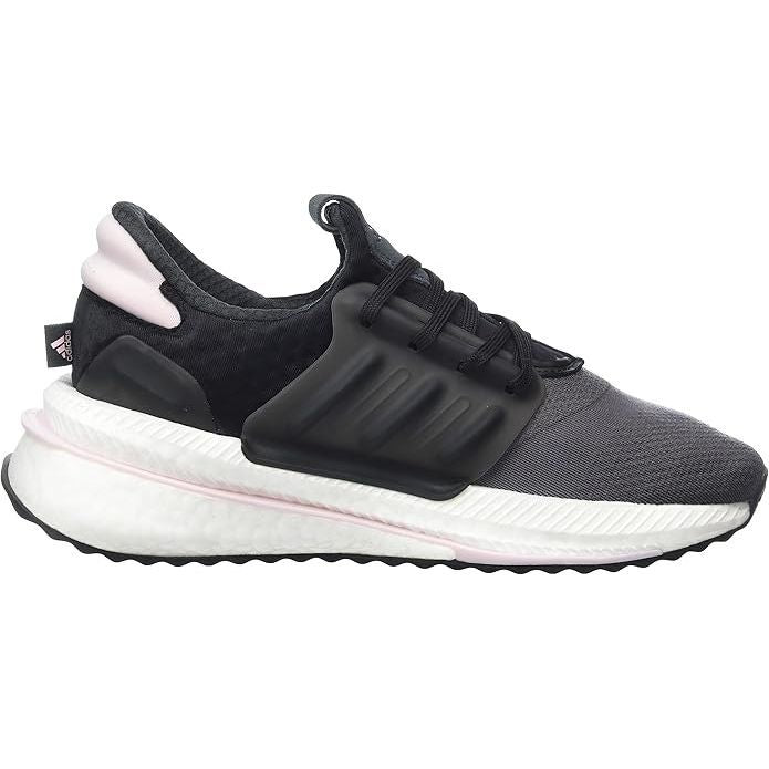A pair of Adidas X_PLR BOOST Running Trainers, featuring a black and gray color scheme with pink accents.