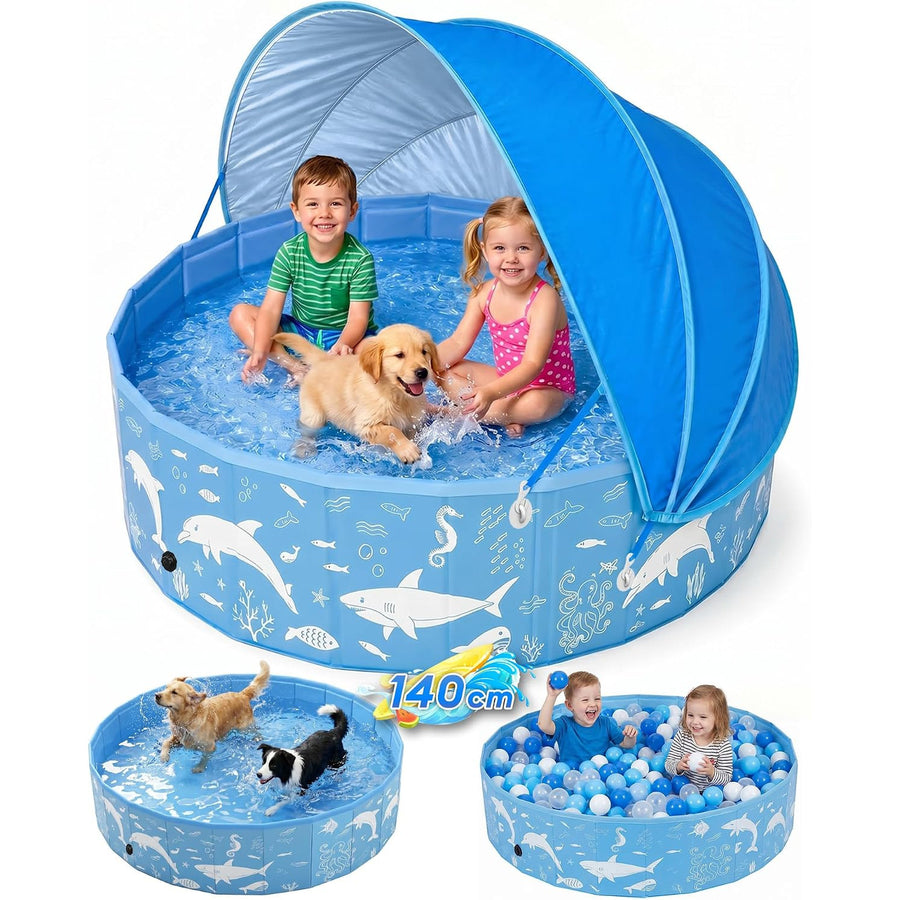 Foldable Dog Pool 140x30cm Canopy UV Sun Protection Outdoor Pet Paddling EPN