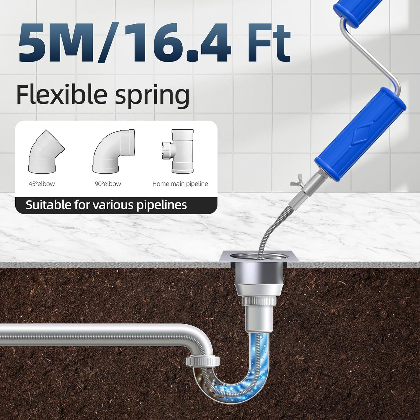 Drain Unblocker Tool 5m Flexible Plumbing Snake 6mm Drill Adapter Manual Auger
