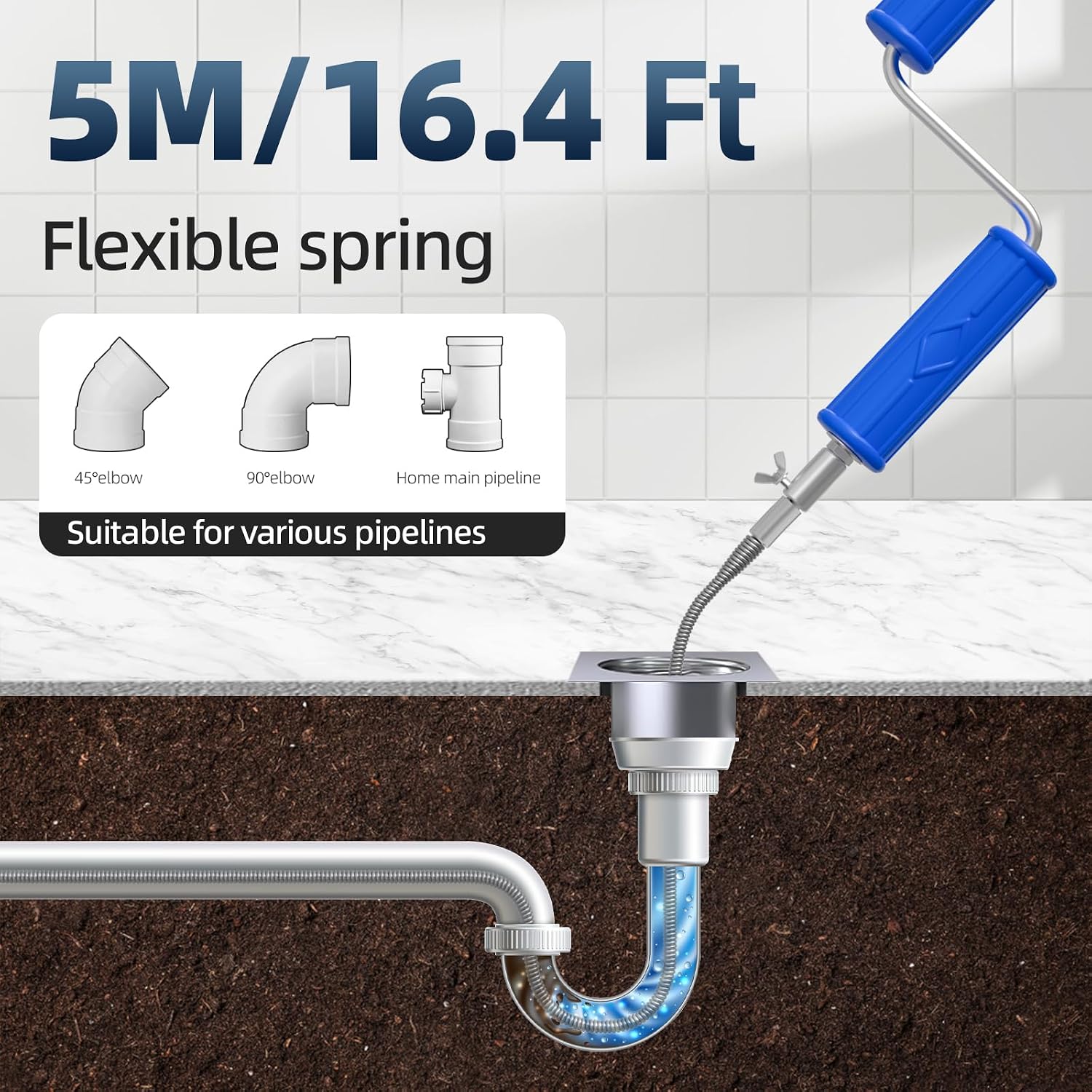 Drain Unblocker Tool 5m Flexible Plumbing Snake 6mm Drill Adapter Manual Auger