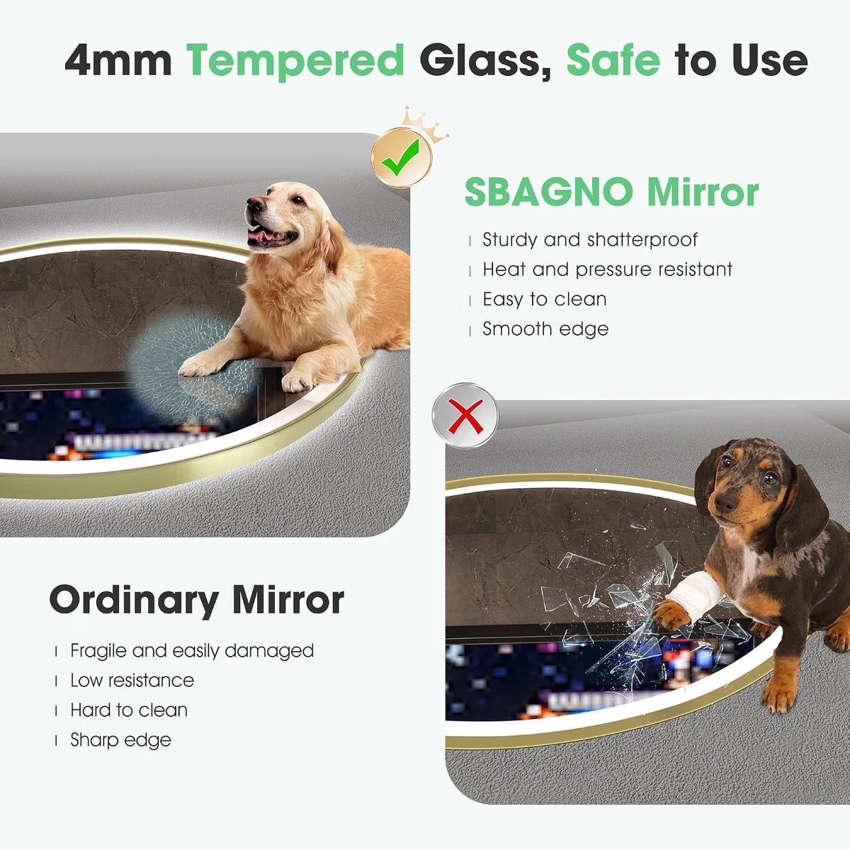 LED Bathroom Mirror 800mm Round Gold Dimmable Demister 3 Colour S'bagno