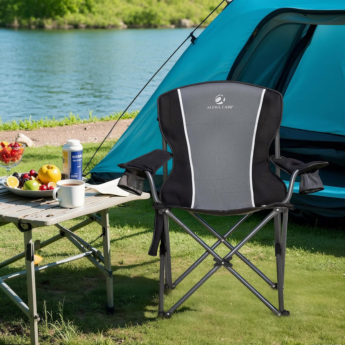Camping Chair Heavy Duty Folding Outdoor Chair Adults Grey ALPHA CAMP Portable