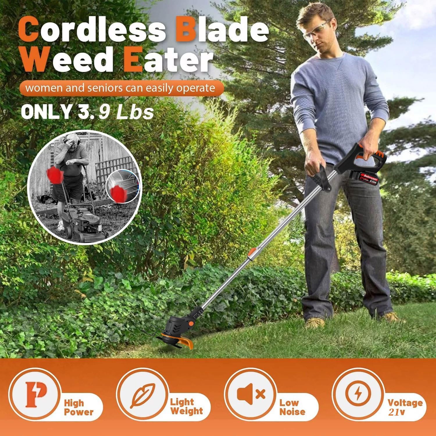 Cordless Grass Trimmer 21V 4.0Ah Brush Cutter Metal Blades Garden Babruaei
