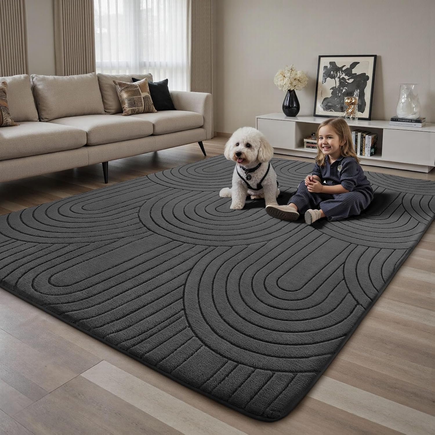 Large Washable Rug 240x300cm Grey Soft Living Room Bedroom Carpet Sour Lemon Home