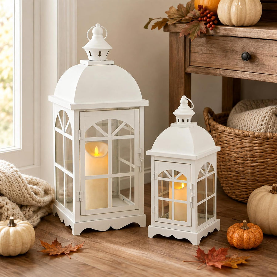 Candle Lanterns Set of 2 14.5 & 20 Inch White Vintage Farmhouse TRIROCKS