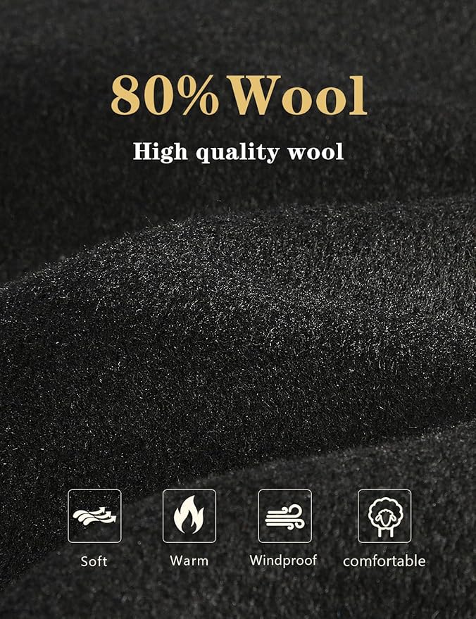 iCKER Men's Slim Fit Wool Trench Coat, Casual Overcoat,  Peacoat Jacket, Size L, Black