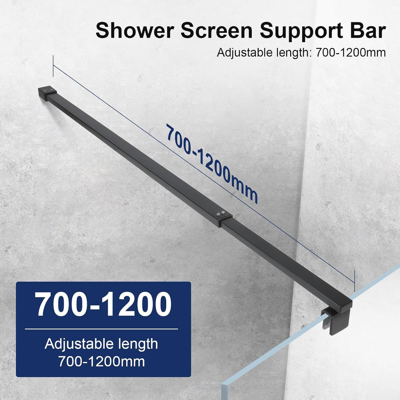 Shower Screen Support Bar 700-1200mm Telescopic Matte Black Square SVNR Stainless