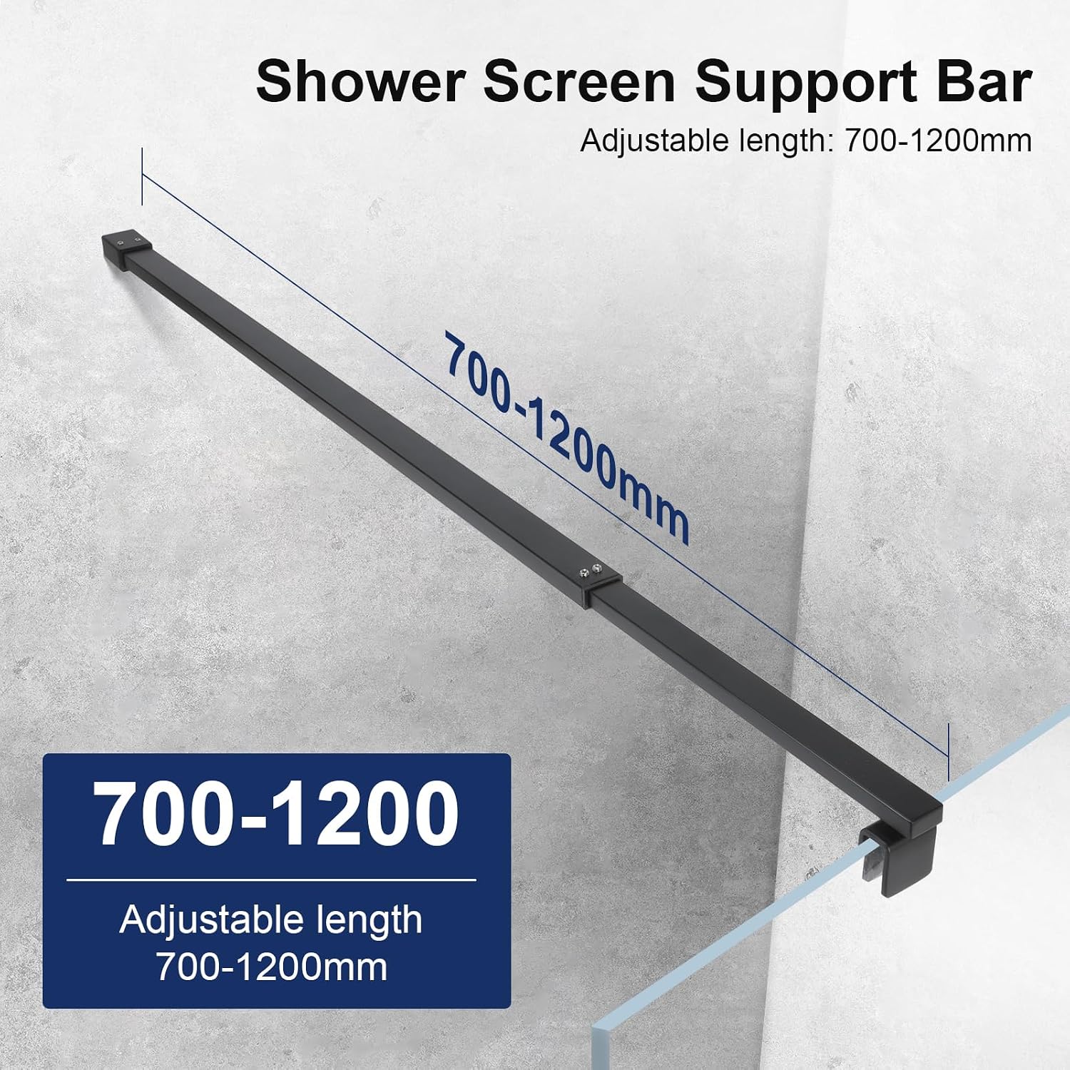 Shower Screen Support Bar 700-1200mm Telescopic Matte Black Square SVNR Stainless