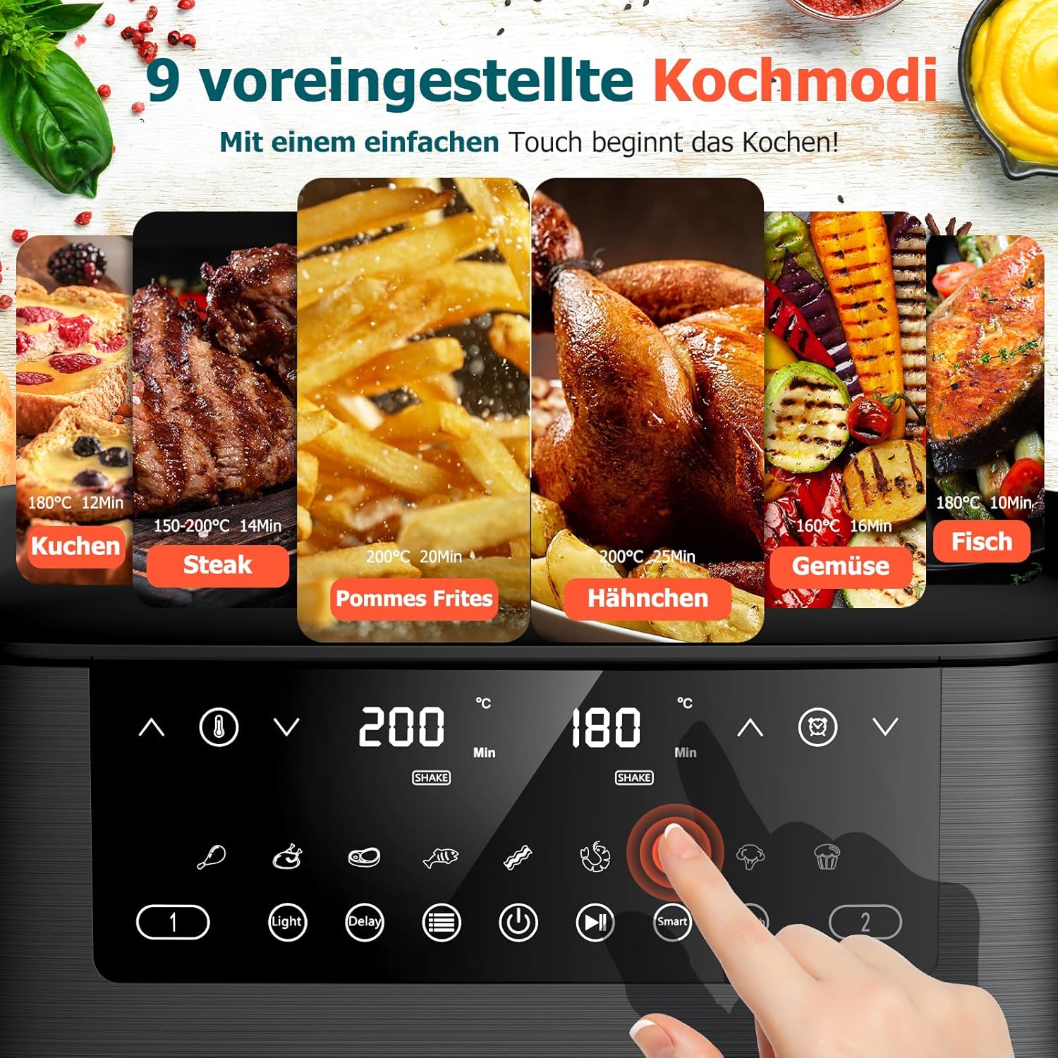 Dual Air Fryer 9L XL, 2 Drawers, 9-In-1 Presets, Touch Screen, Smart Finish