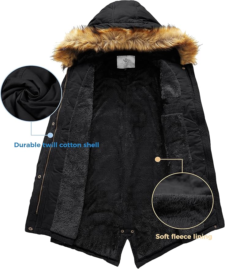 Black winter coat with fur hood and text highlighting features on a white background