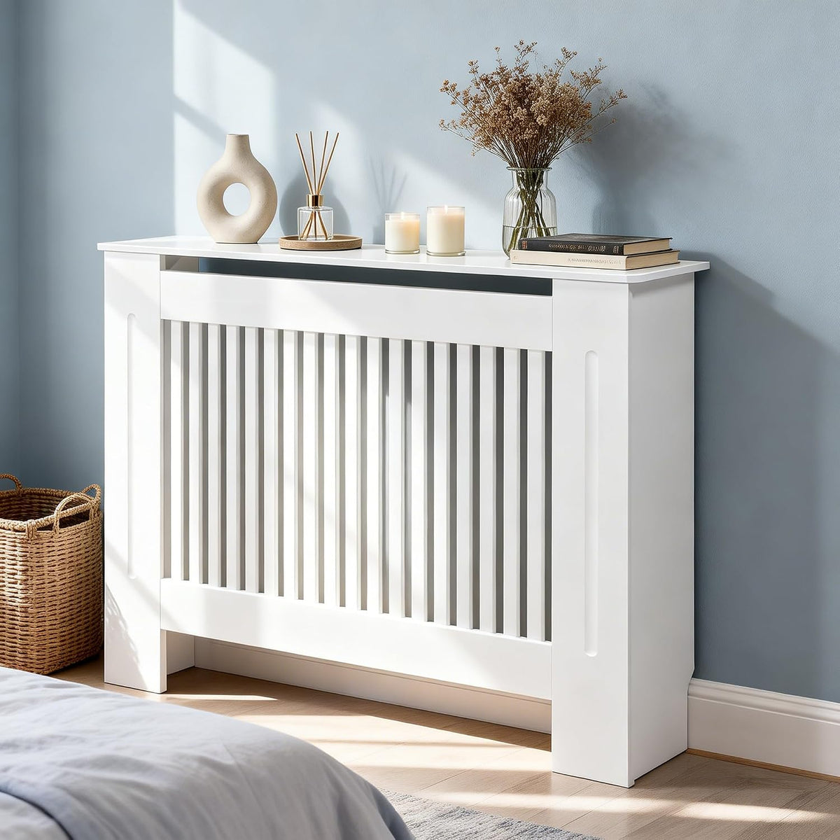 Radiator Cover 100cm Tall White MDF Horizontal Slat Medium Cabinet Fativo
