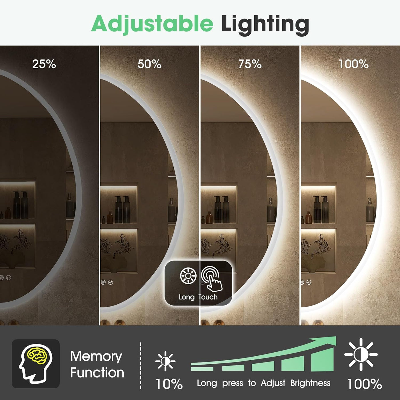 Adjustable lighting feature of a circular mirror with different brightness levels.