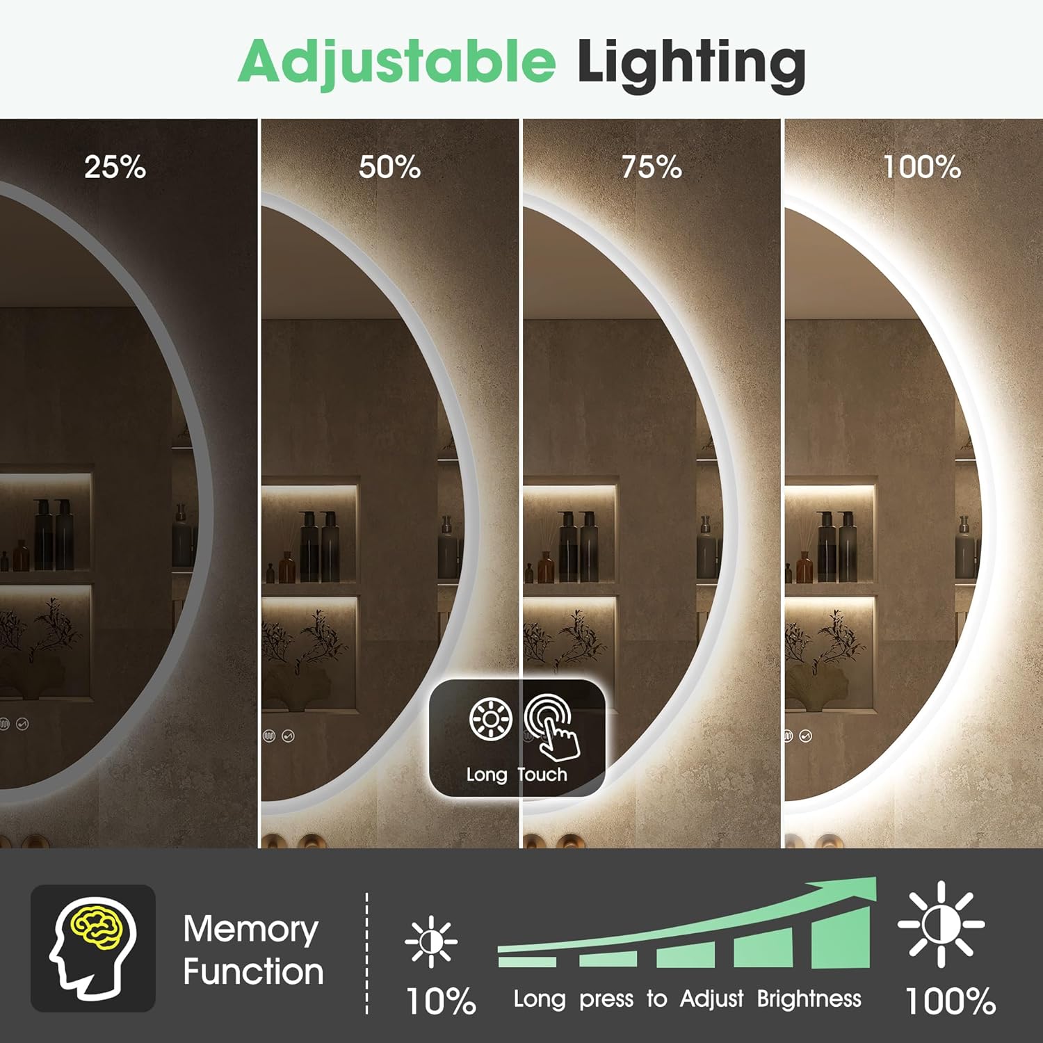 Adjustable lighting feature of a circular mirror with different brightness levels.