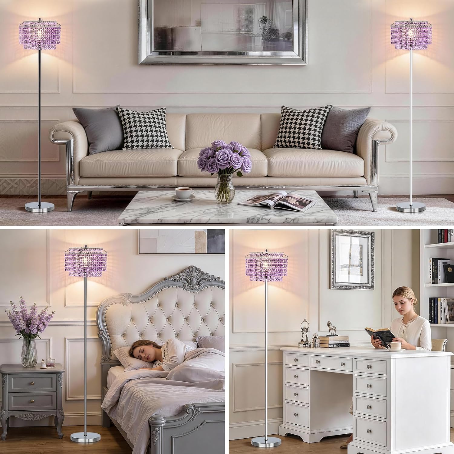 Crystal Floor Lamp Modern Standing Light Foot Switch Living Room Bedroom Elegant