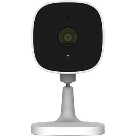 Smart home security camera with black front and white base on a white background