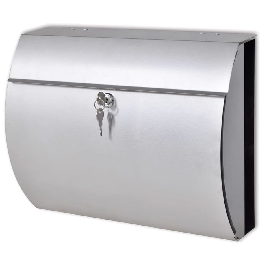 Stainless steel mailbox with key lock on a white background